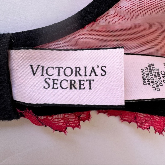 Victoria's Secret Bra Dream Angels Lined Demi Pink Red Lace Black Straps Bow 34C - Picture 3 of 13